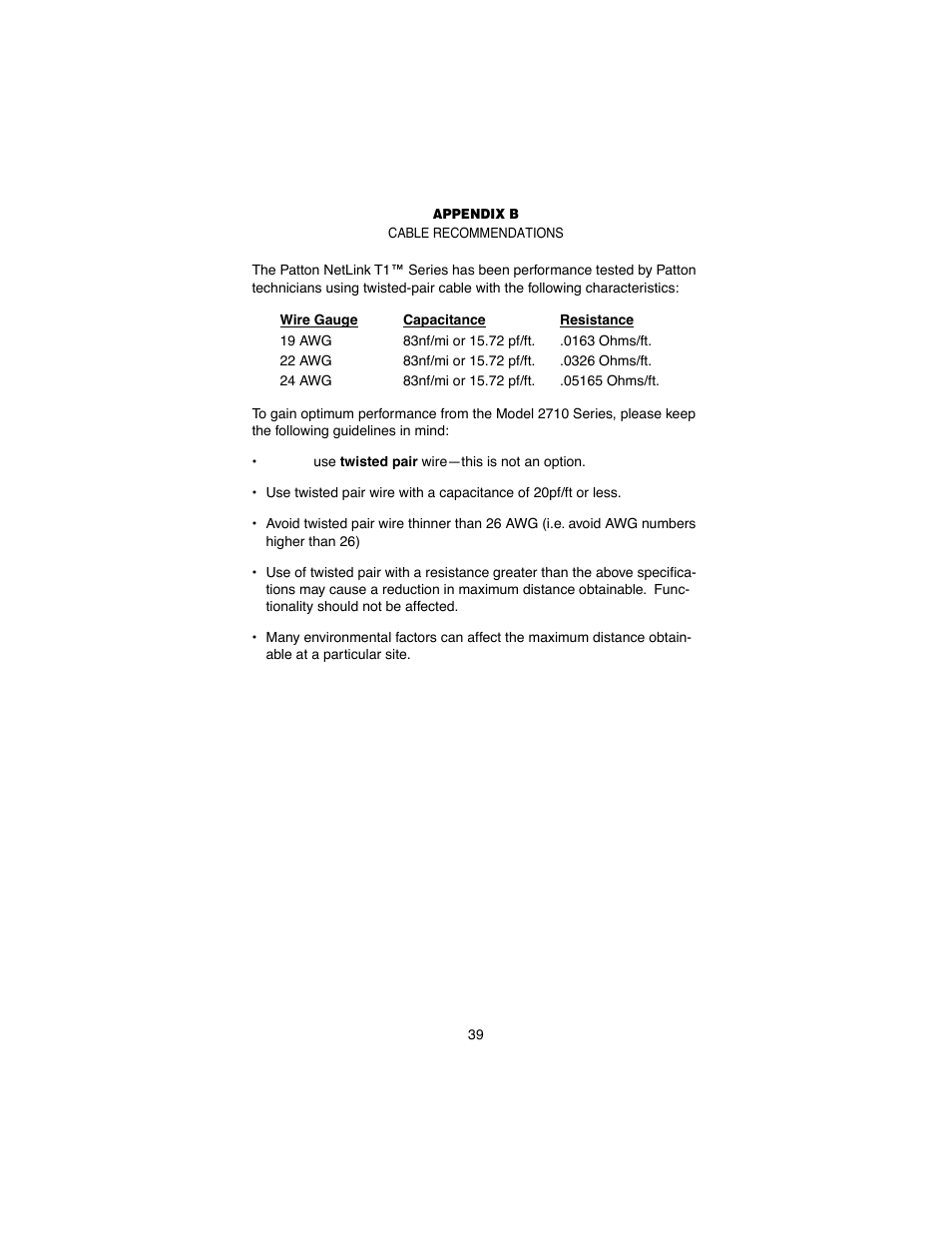 Appendix b cable recommendations, Cable recommendations | Patton electronic 2710 User Manual | Page 39 / 44