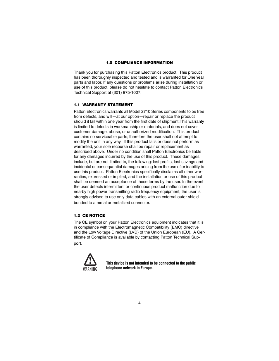 0 compliance information, 1 warranty statement, 2 ce notice | Compliance information, Warranty statement, Ce notice | Patton electronic 2710 User Manual | Page 4 / 44