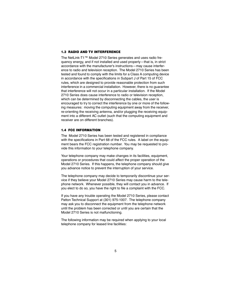 3 radio and tv interference, 4 fcc information, Radio and tv interference | Fcc information | Patton electronic 2710 User Manual | Page 5 / 44