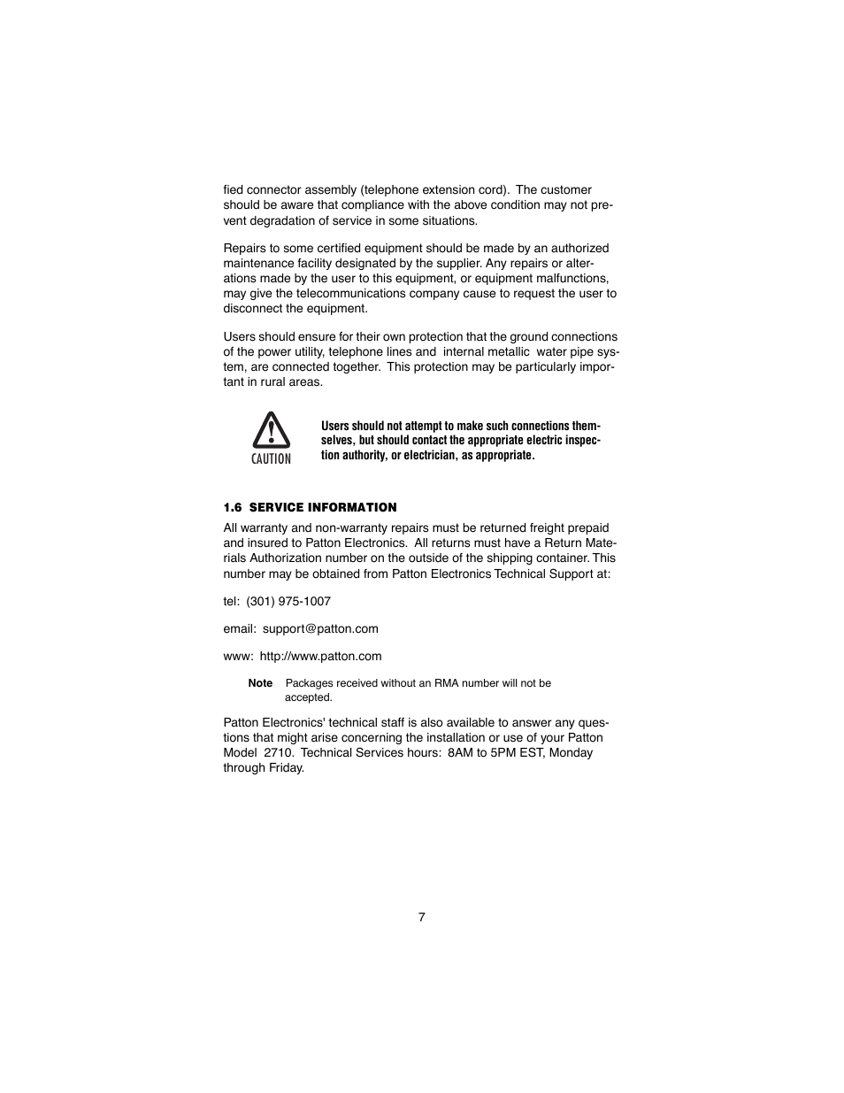 6 service information, Service information | Patton electronic 2710 User Manual | Page 7 / 44