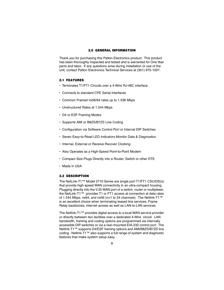 0 general information, 1 features, 2 description | General information, Features, Description | Patton electronic 2710 User Manual | Page 8 / 44