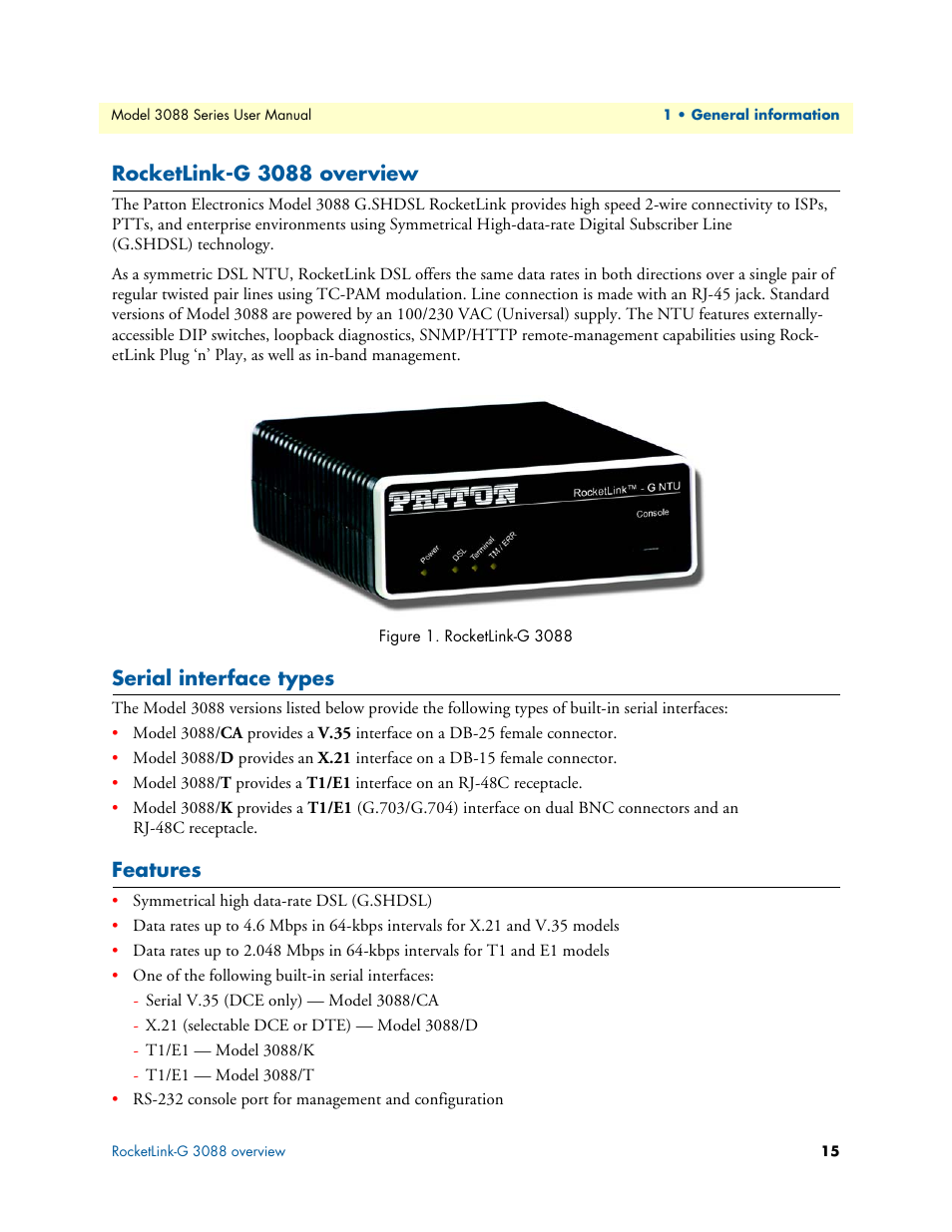 Rocketlink-g 3088 overview, Serial interface types, Features | Rocketlink-g 3088 | Patton electronic 3088 Series User Manual | Page 15 / 82