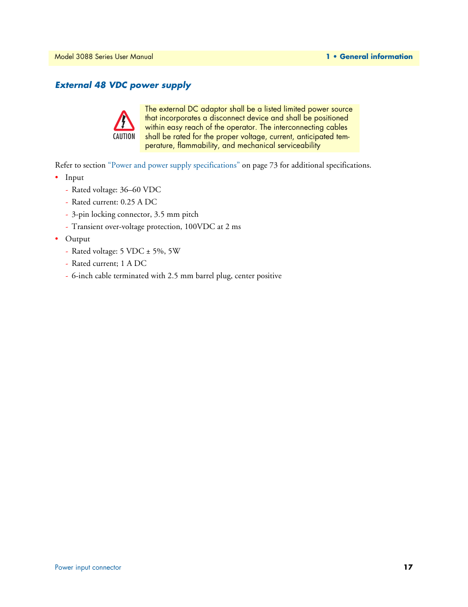 External 48 vdc power supply | Patton electronic 3088 Series User Manual | Page 17 / 82