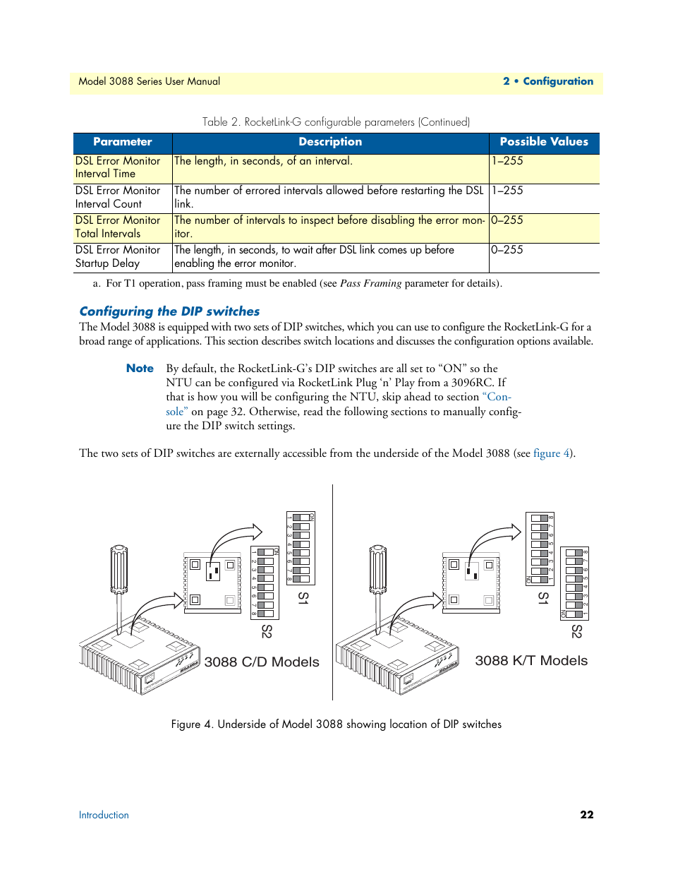 Configuring the dip switches, 3088 c/d models, 3088 k/t models | S1 s2 | Patton electronic 3088 Series User Manual | Page 22 / 82