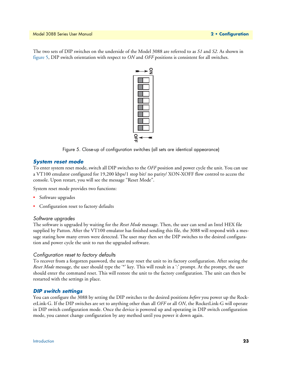 System reset mode, Software upgrades, Configuration reset to factory defaults | Dip switch settings | Patton electronic 3088 Series User Manual | Page 23 / 82