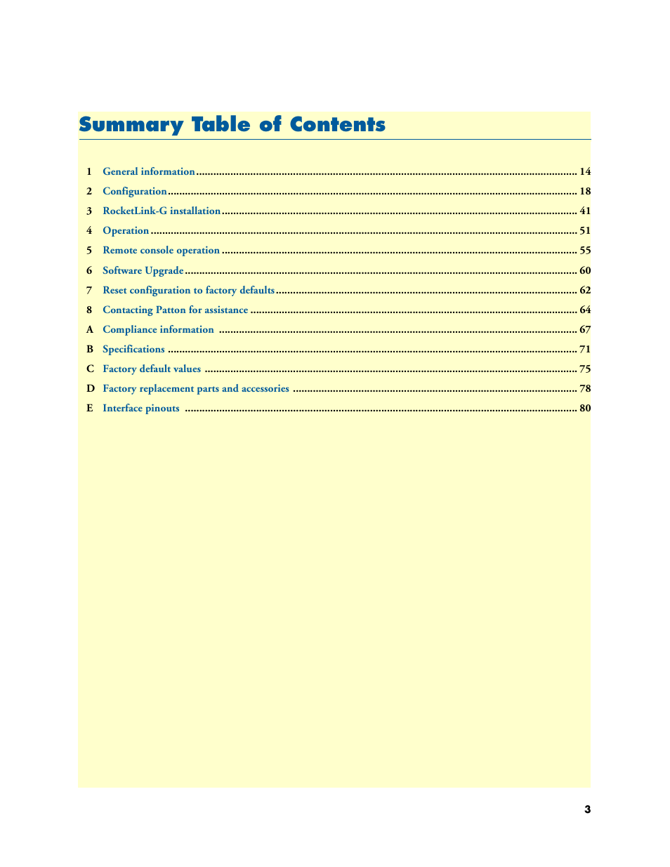 Summary table of contents, Summar y table of contents | Patton electronic 3088 Series User Manual | Page 3 / 82