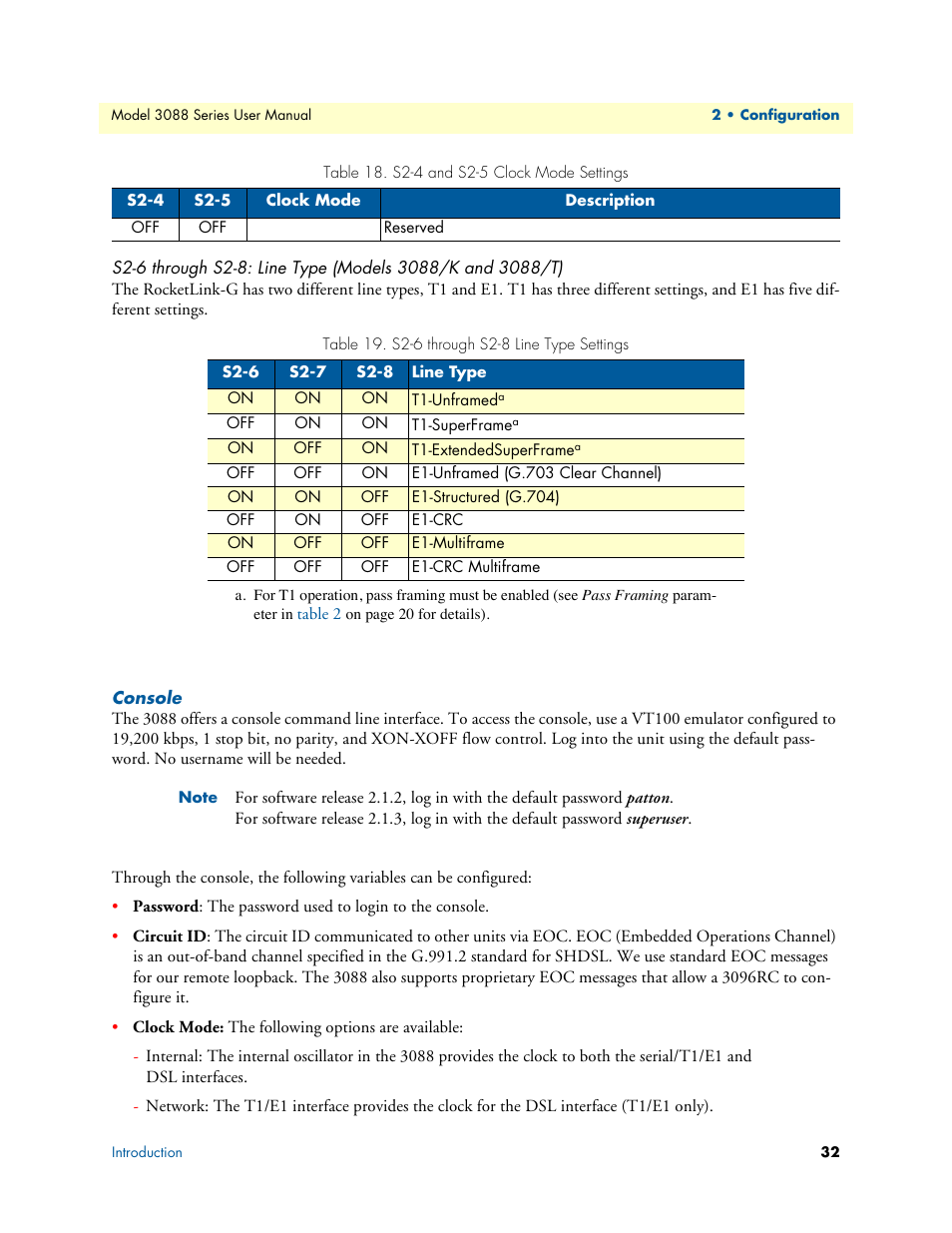 Console, S2-6 through s2-8 line type settings, Sole | Patton electronic 3088 Series User Manual | Page 32 / 82