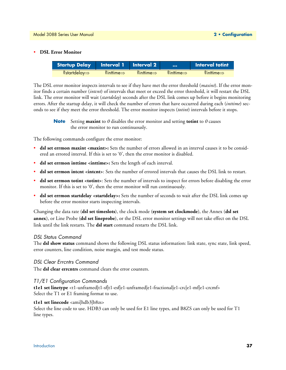 Dsl status command, Dsl clear errcntrs command, T1/e1 configuration commands | Patton electronic 3088 Series User Manual | Page 37 / 82