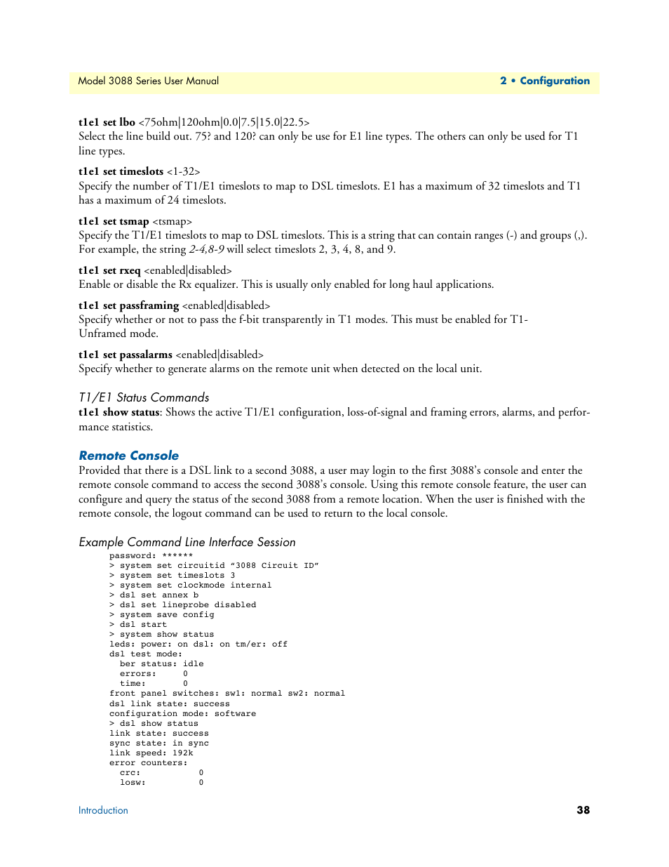 T1/e1 status commands, Remote console, Example command line interface session | Patton electronic 3088 Series User Manual | Page 38 / 82