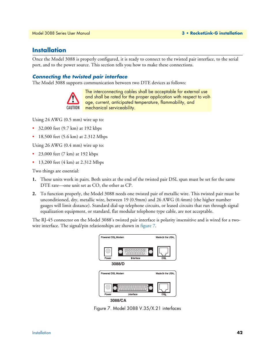 Installation, Connecting the twisted pair interface, Model 3088 v.35/x.21 interfaces | Patton electronic 3088 Series User Manual | Page 42 / 82