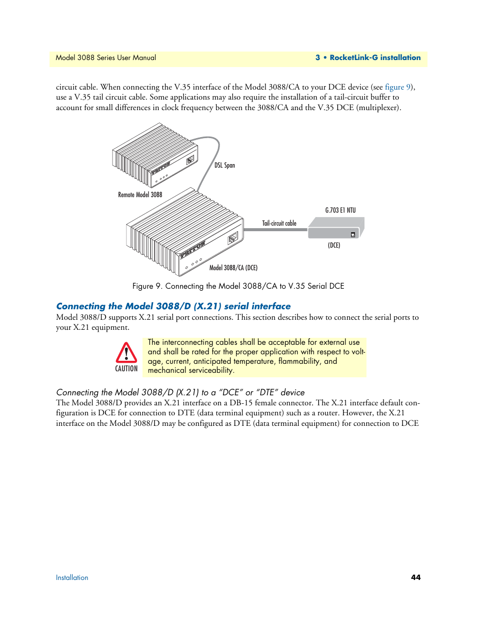 Connecting the model 3088/ca to v.35 serial dce, Caution, G.703 e1 ntu | Patton electronic 3088 Series User Manual | Page 44 / 82