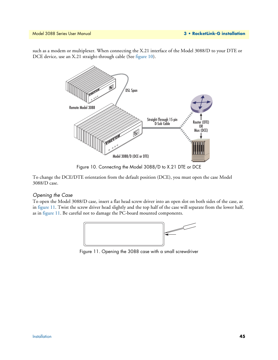 Opening the case, Connecting the model 3088/d to x.21 dte or dce, Opening the 3088 case with a small screwdriver | Patton electronic 3088 Series User Manual | Page 45 / 82