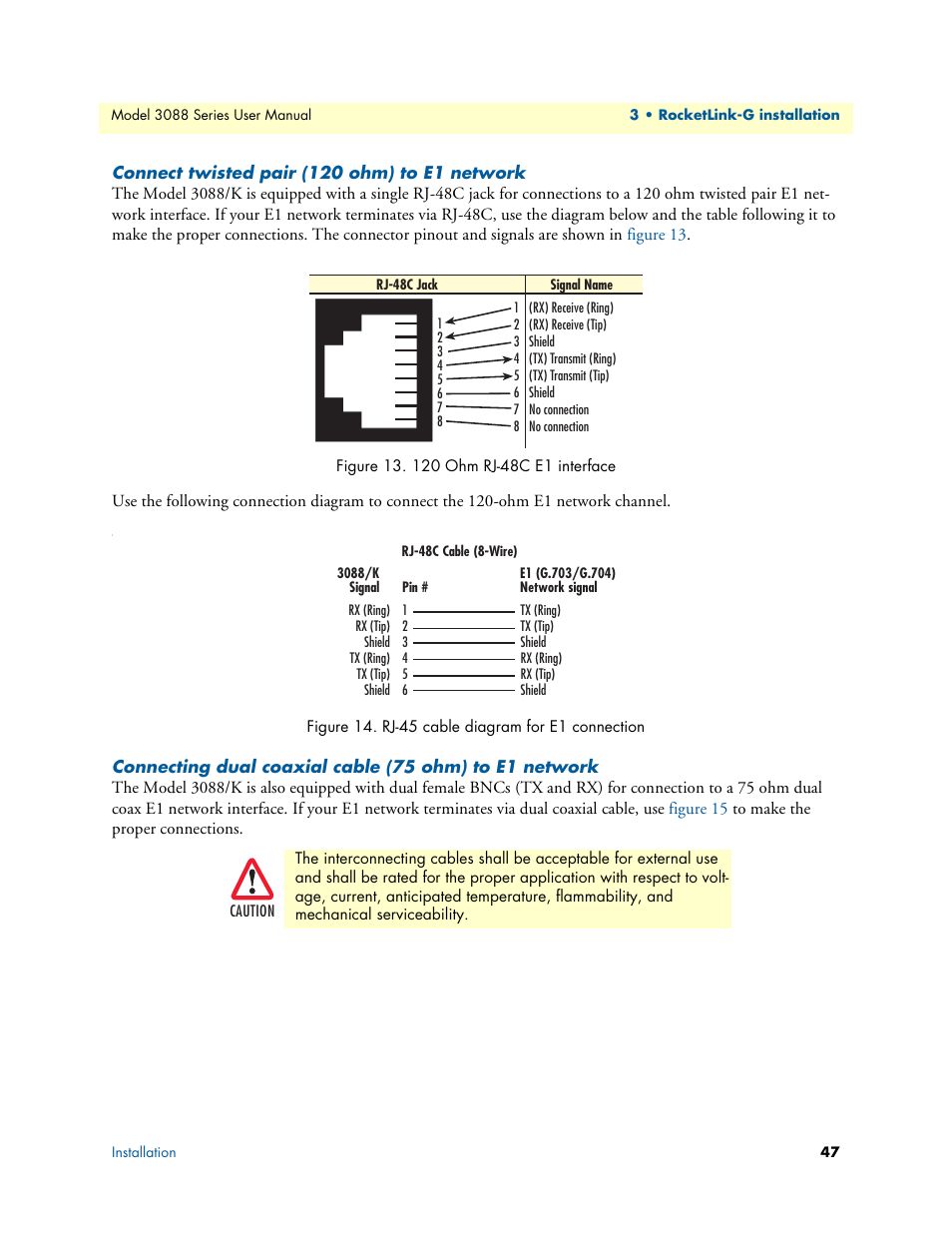 Connect twisted pair (120 ohm) to e1 network, 120 ohm rj-48c e1 interface, Rj-45 cable diagram for e1 connection | Patton electronic 3088 Series User Manual | Page 47 / 82