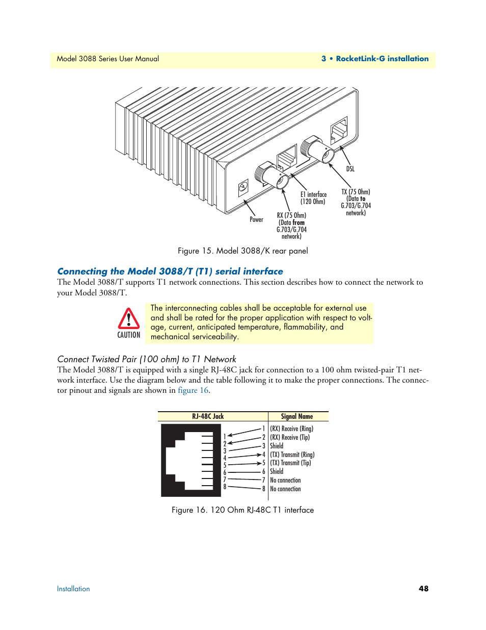 Connecting the model 3088/t (t1) serial interface, Connect twisted pair (100 ohm) to t1 network, Model 3088/k rear panel | 120 ohm rj-48c t1 interface, Figure 15 | Patton electronic 3088 Series User Manual | Page 48 / 82