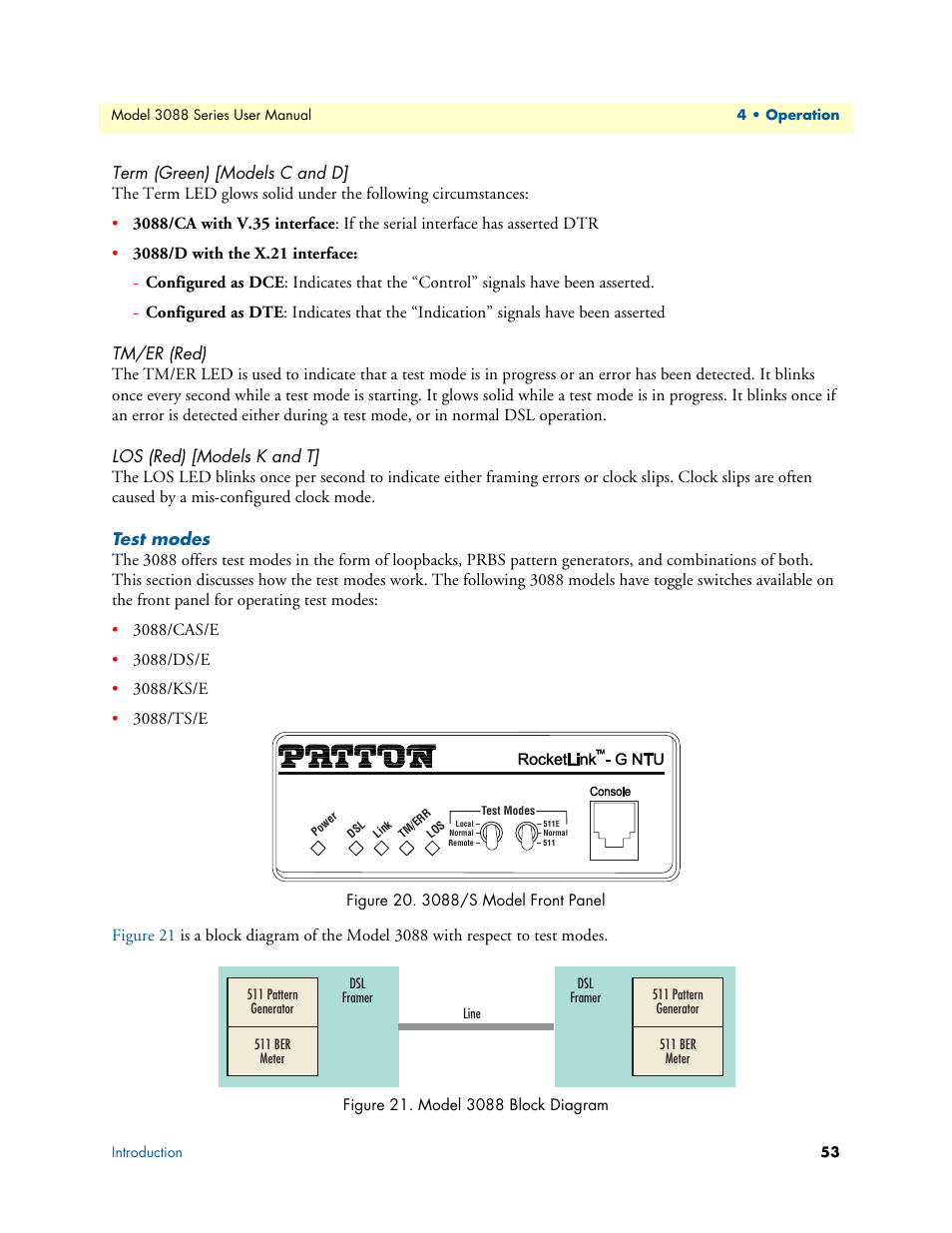 Term (green) [models c and d, Tm/er (red), Los (red) [models k and t | Test modes, 3088/s model front panel, Model 3088 block diagram | Patton electronic 3088 Series User Manual | Page 53 / 82