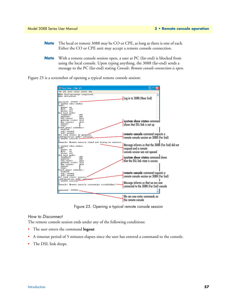 How to disconnect, Opening a typical remote console session | Patton electronic 3088 Series User Manual | Page 57 / 82