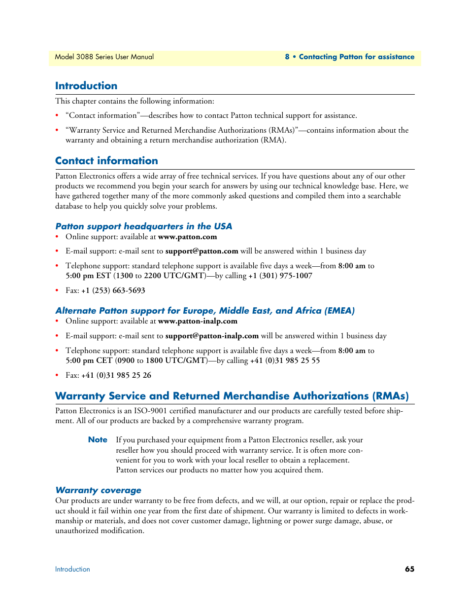 Introduction, Contact information, Patton support headquarters in the usa | Warranty coverage | Patton electronic 3088 Series User Manual | Page 65 / 82