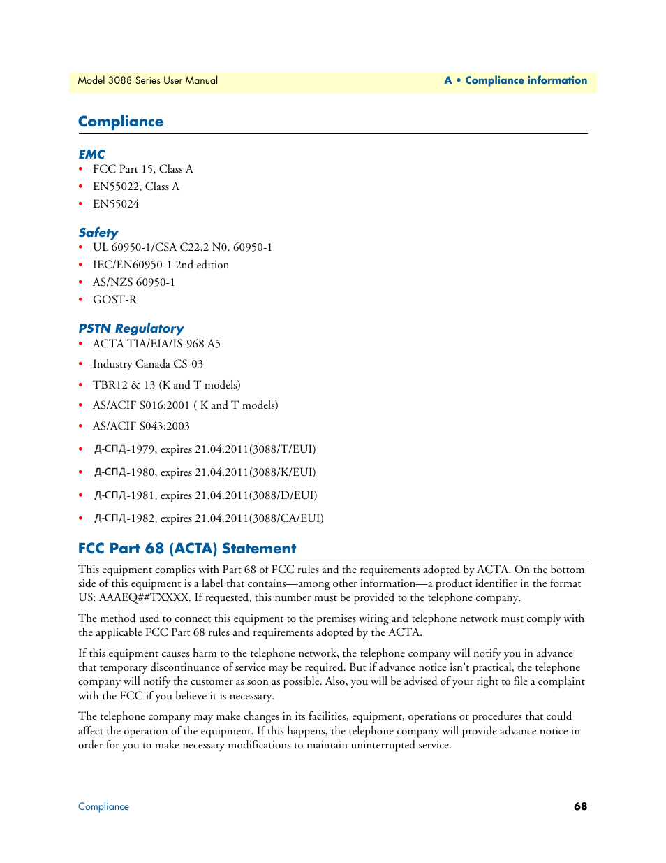 Compliance, Safety, Pstn regulatory | Fcc part 68 (acta) statement | Patton electronic 3088 Series User Manual | Page 68 / 82