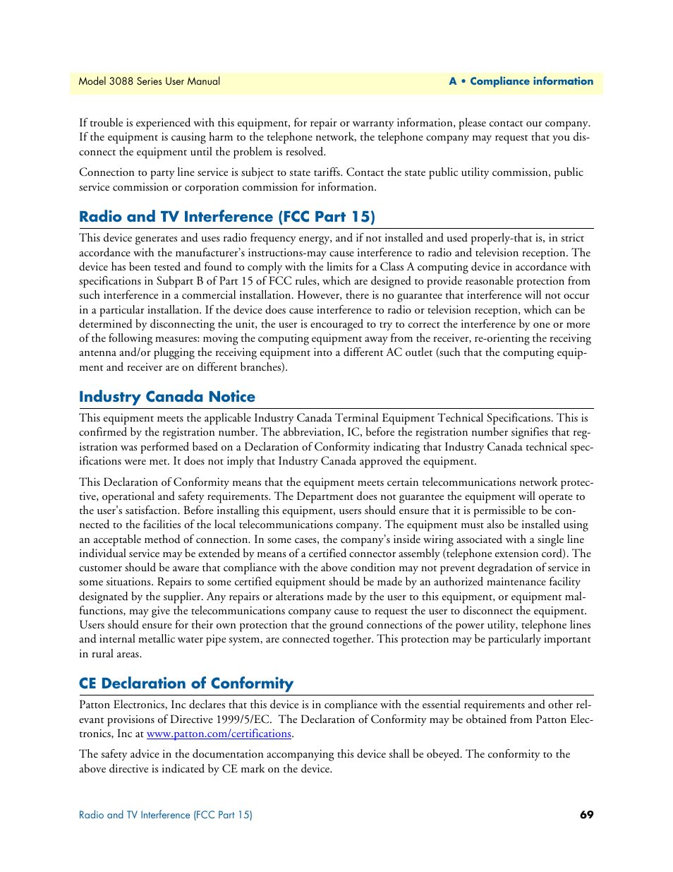 Radio and tv interference (fcc part 15), Industry canada notice, Ce declaration of conformity | Patton electronic 3088 Series User Manual | Page 69 / 82