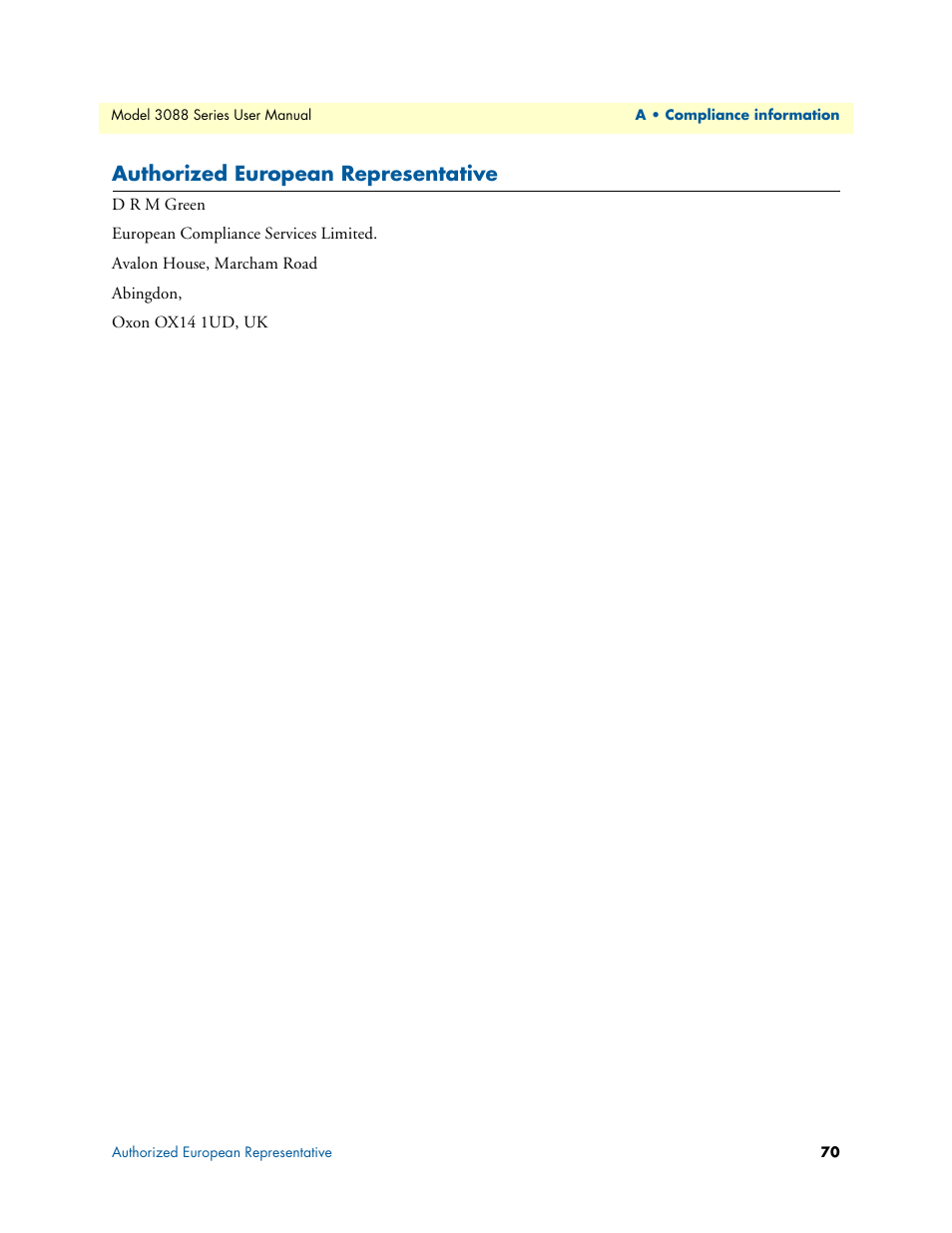 Authorized european representative | Patton electronic 3088 Series User Manual | Page 70 / 82