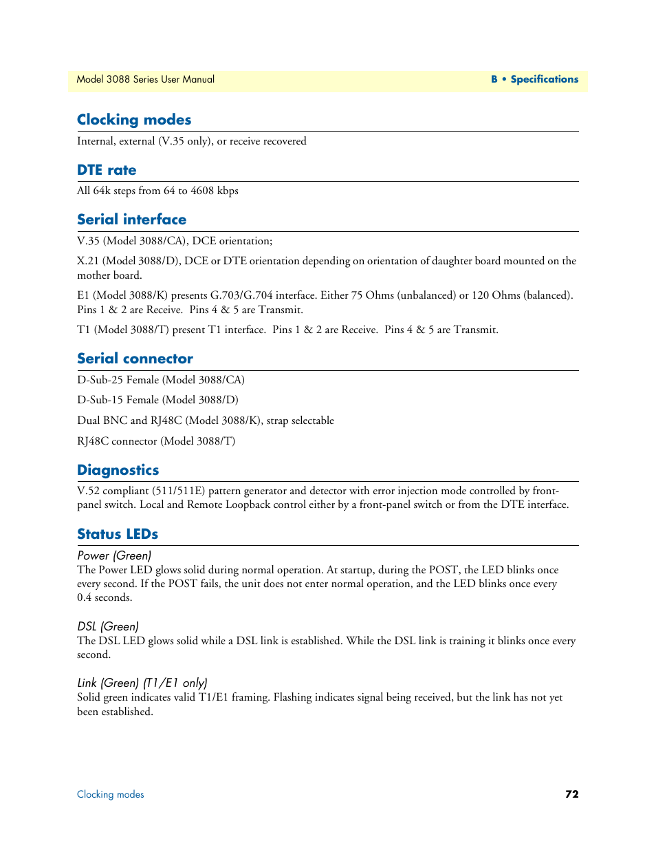 Clocking modes, Dte rate, Serial interface | Serial connector, Diagnostics, Status leds, Power (green), Dsl (green), Link (green) (t1/e1 only) | Patton electronic 3088 Series User Manual | Page 72 / 82