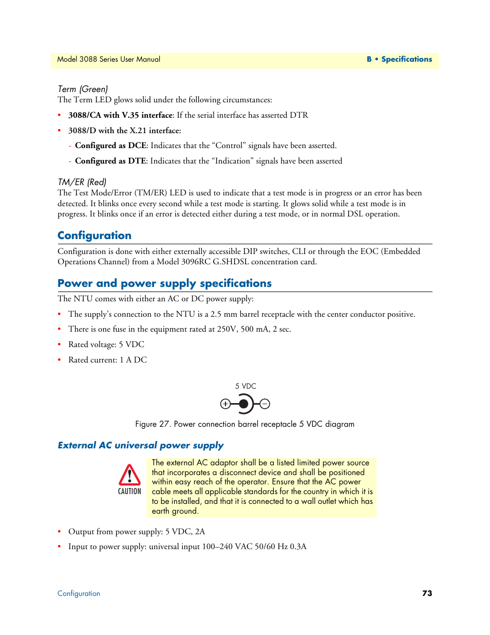 Term (green), Tm/er (red), Configuration | Power and power supply specifications, External ac universal power supply, Power connection barrel receptacle 5 vdc diagram, Power and power supply specifica, Tions | Patton electronic 3088 Series User Manual | Page 73 / 82