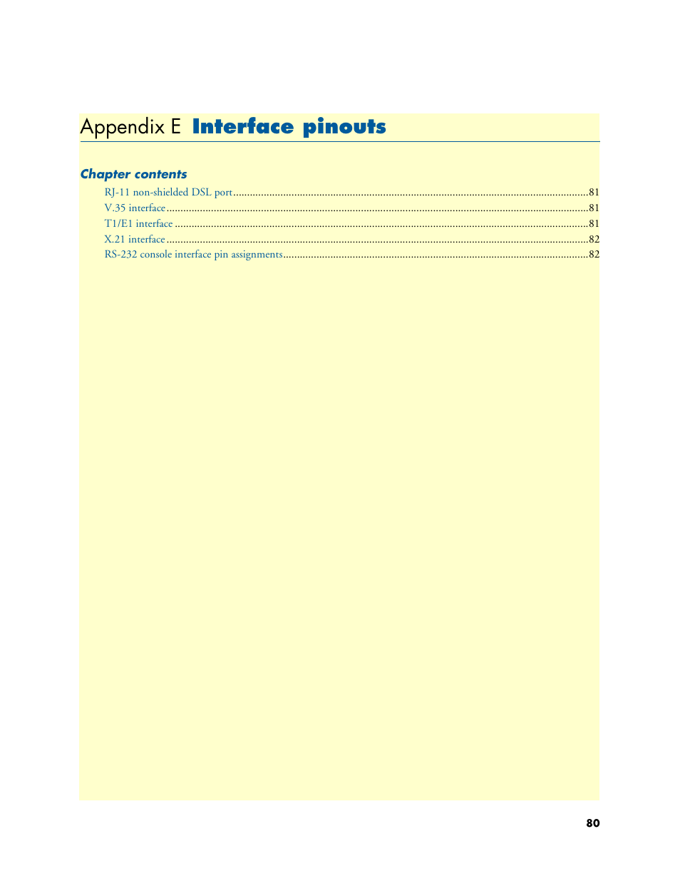 Appendix e interface pinouts, Interface pinouts, Appendix e | Patton electronic 3088 Series User Manual | Page 80 / 82