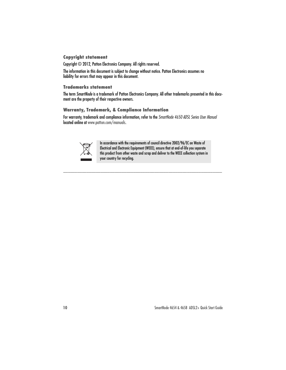 Copyright statement, Trademarks statement, Warranty, trademark, & compliance information | Patton electronic SmartNode 4654 Series User Manual | Page 10 / 12