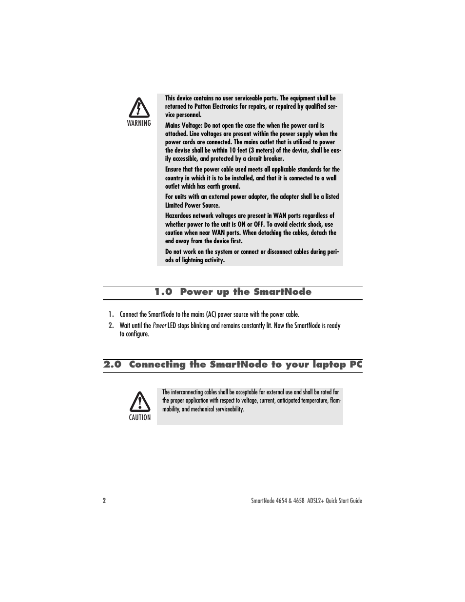 0 power up the smartnode, 0 connecting the smartnode to your laptop pc | Patton electronic SmartNode 4654 Series User Manual | Page 2 / 12