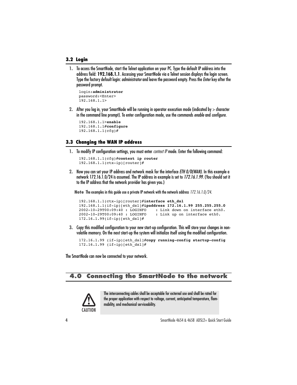 2 login, 3 changing the wan ip address, 0 connecting the smartnode to the network | Patton electronic SmartNode 4654 Series User Manual | Page 4 / 12