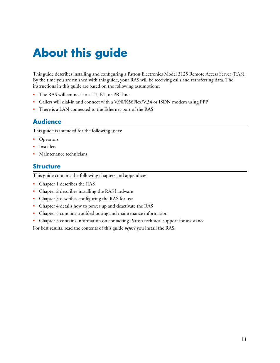 About this guide, Audience, Structure | Audience structure | Patton electronic ForeFront 3125 User Manual | Page 11 / 65