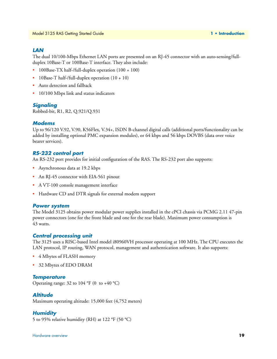 Signaling, Modems, Rs-232 control port | Power system, Central processing unit, Temperature, Altitude, Humidity | Patton electronic ForeFront 3125 User Manual | Page 19 / 65