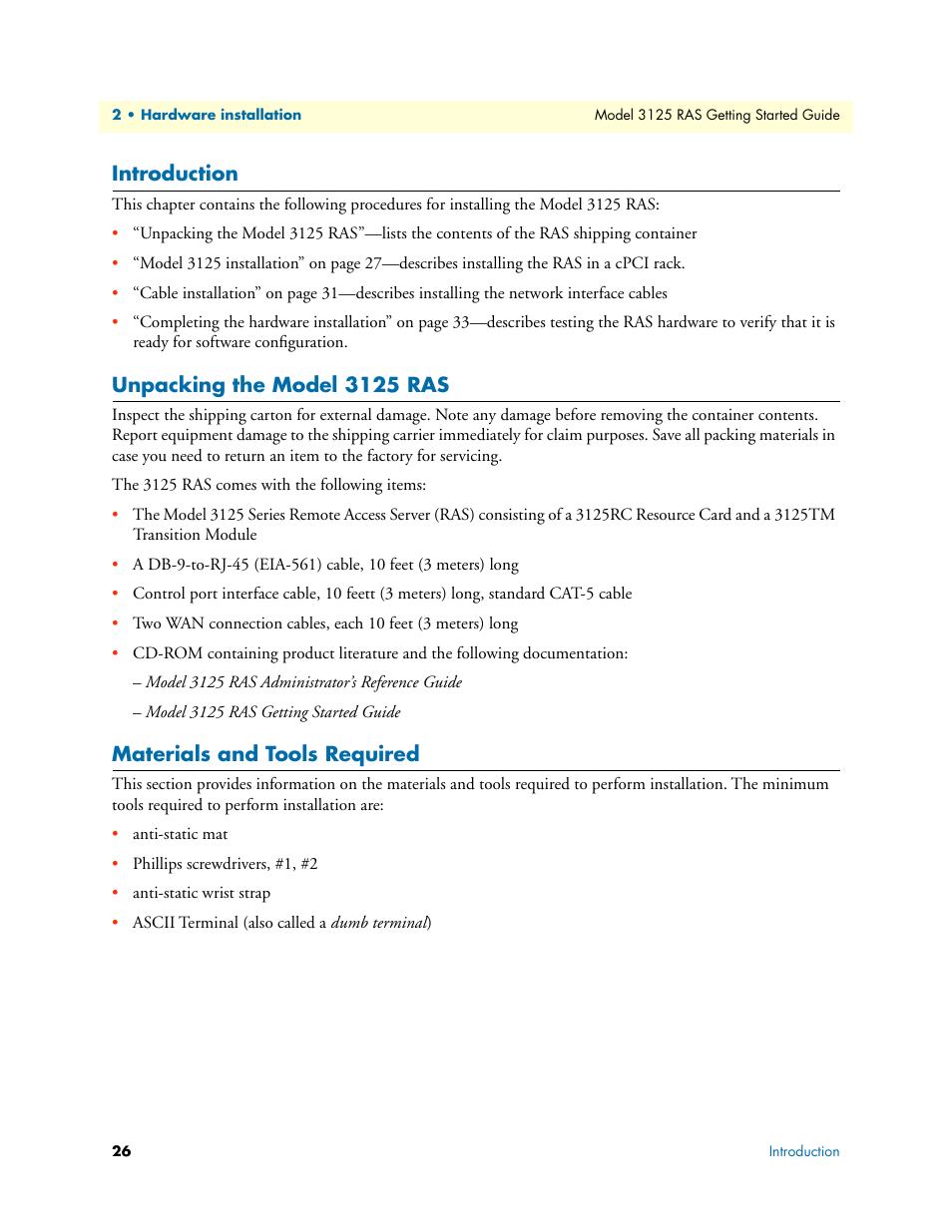 Introduction, Unpacking the model 3125 ras, Materials and tools required | Patton electronic ForeFront 3125 User Manual | Page 26 / 65