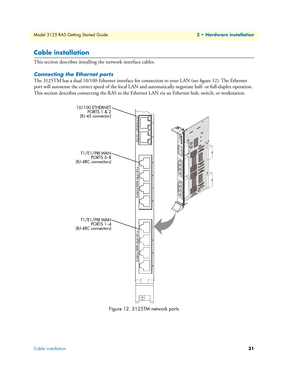 Cable installation, Connecting the ethernet ports | Patton electronic ForeFront 3125 User Manual | Page 31 / 65