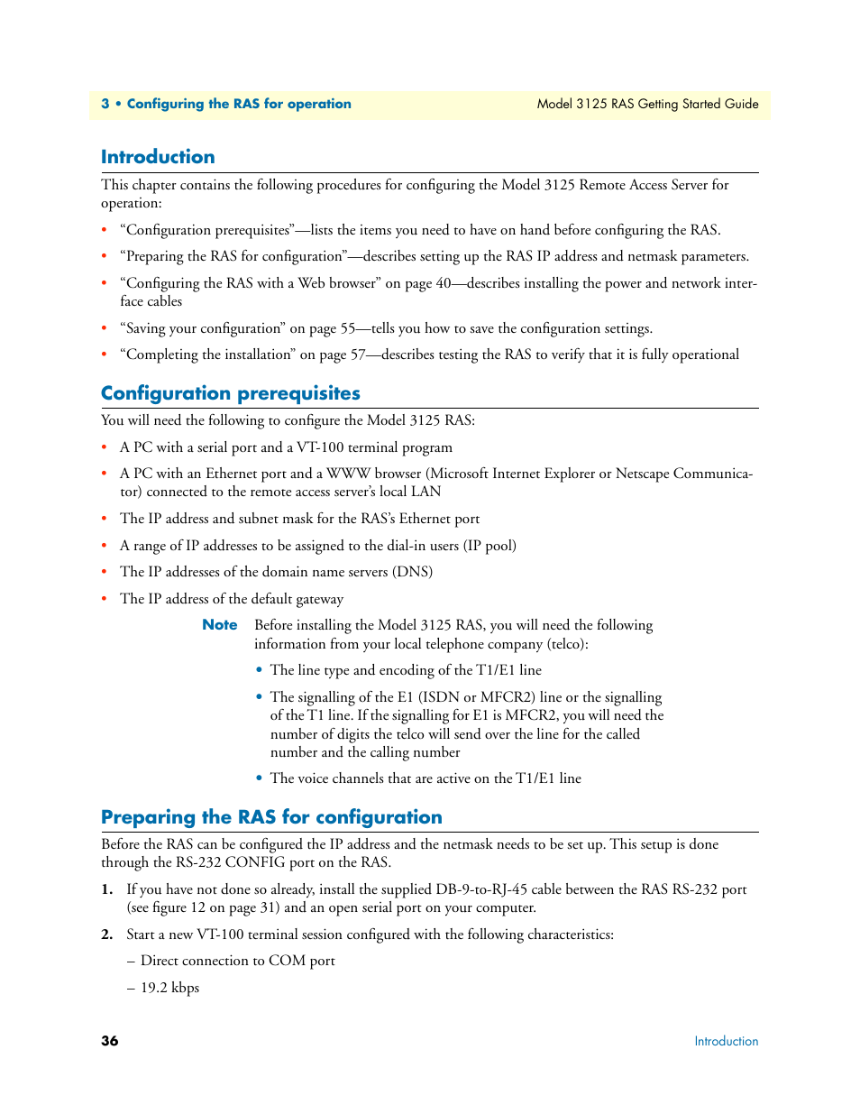 Introduction, Configuration prerequisites, Preparing the ras for configuration | Patton electronic ForeFront 3125 User Manual | Page 36 / 65