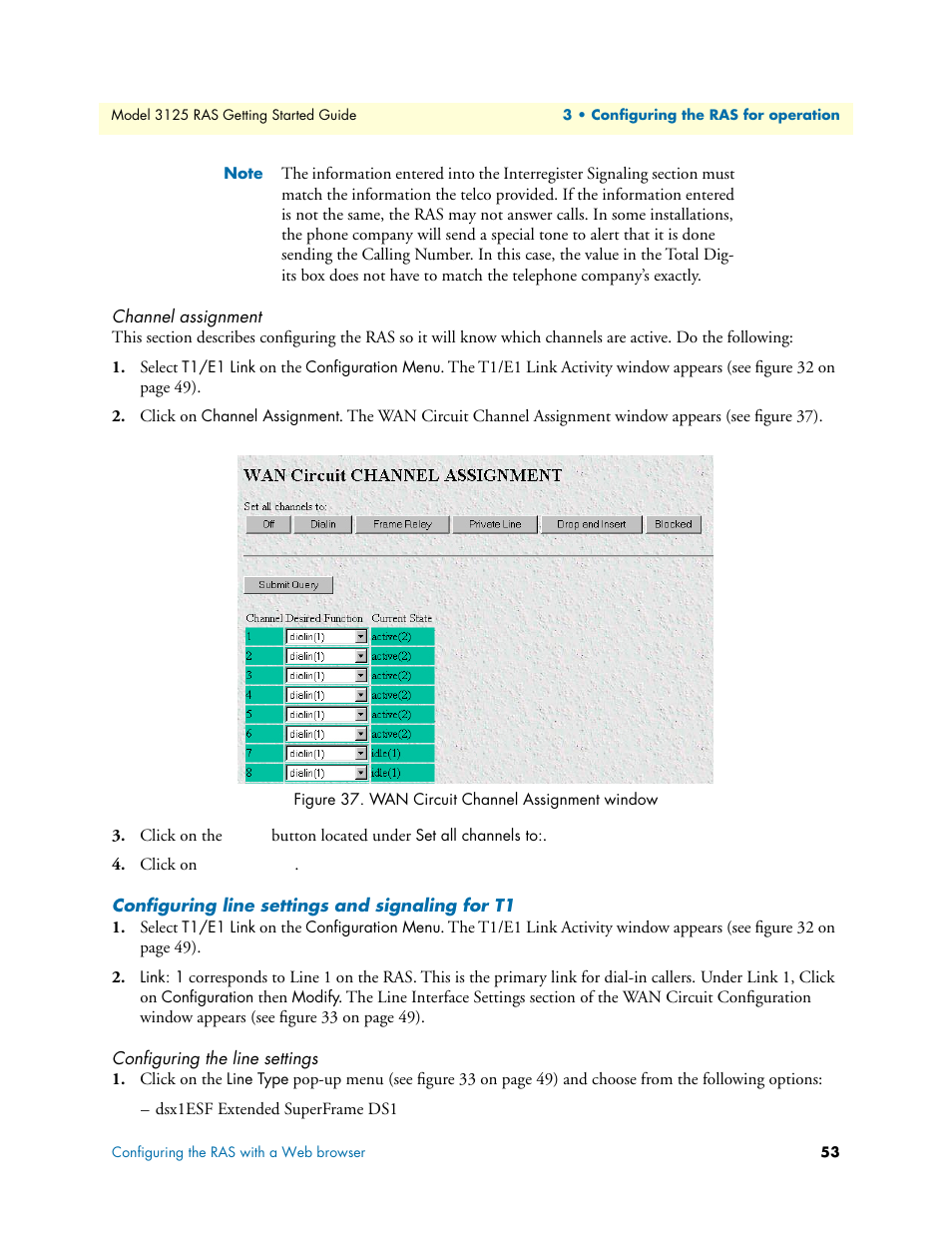 Channel assignment, Configuring line settings and signaling for t1, Configuring the line settings | Patton electronic ForeFront 3125 User Manual | Page 53 / 65