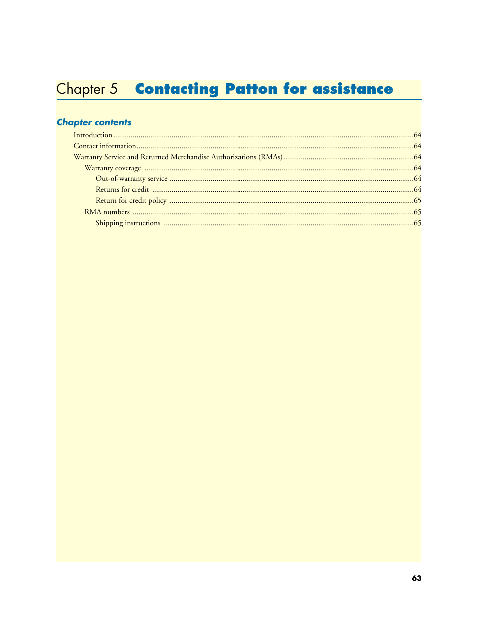 Chapter 5 contacting patton for assistance, 5 contacting patton for assistance, Chapter 5 contains information on contacting p | Patton electronic ForeFront 3125 User Manual | Page 63 / 65