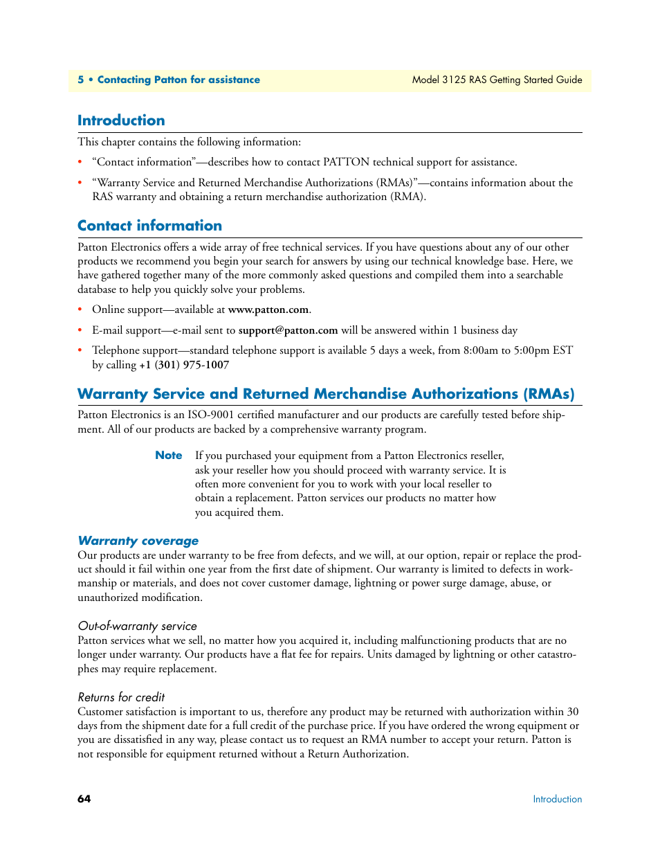 Introduction, Contact information, Warranty coverage | Out-of-warranty service, Returns for credit, Out-of-warranty service returns for credit | Patton electronic ForeFront 3125 User Manual | Page 64 / 65