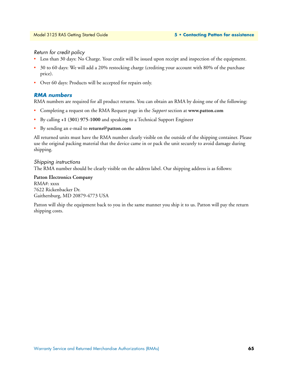 Return for credit policy, Rma numbers, Shipping instructions | Patton electronic ForeFront 3125 User Manual | Page 65 / 65