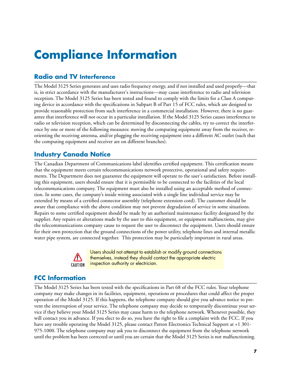 Compliance information, Radio and tv interference, Industry canada notice | Fcc information | Patton electronic ForeFront 3125 User Manual | Page 7 / 65