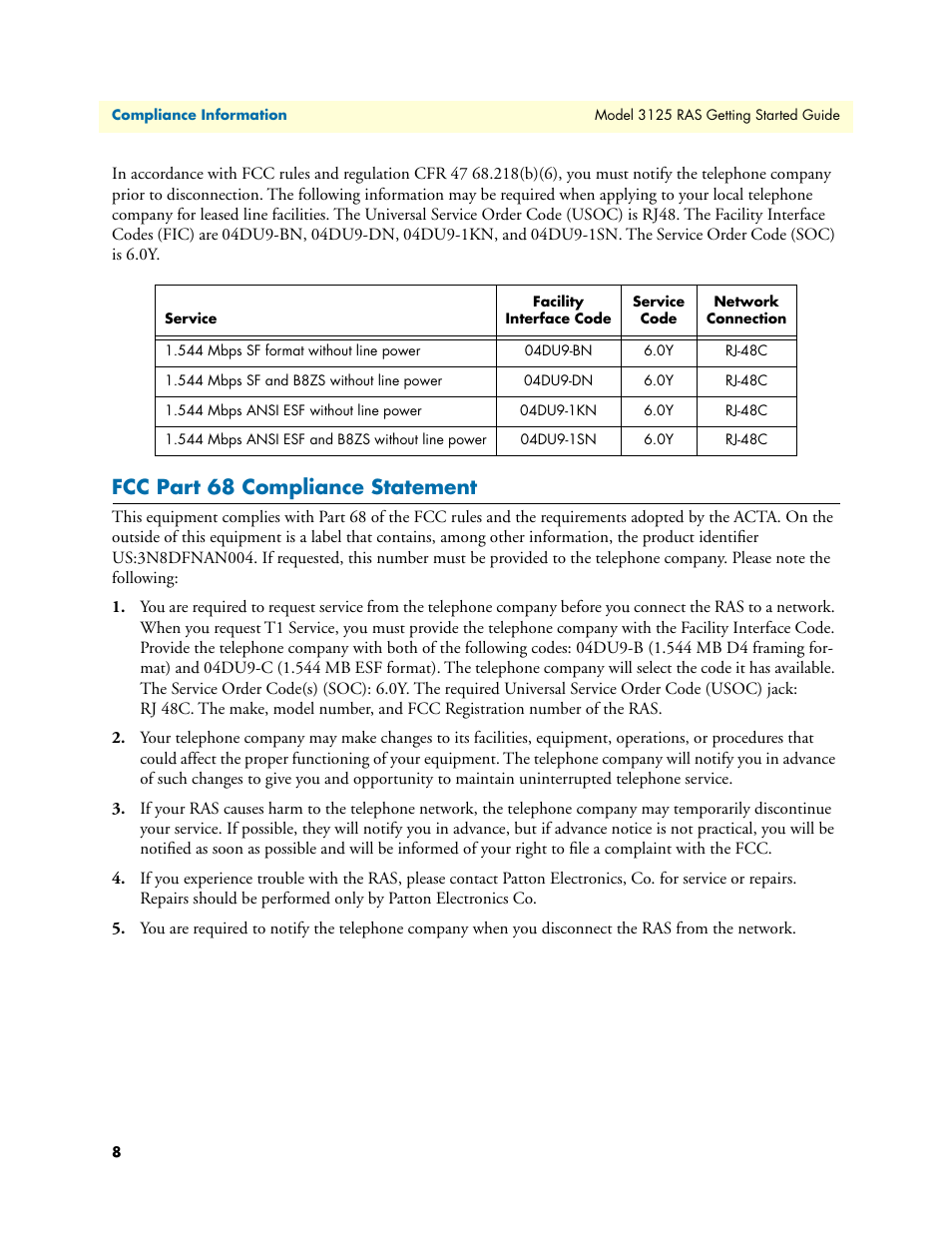 Fcc part 68 compliance statement | Patton electronic ForeFront 3125 User Manual | Page 8 / 65