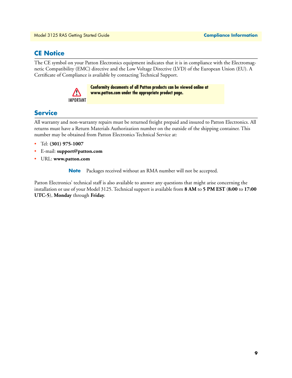 Ce notice, Service, Ce notice service | Patton electronic ForeFront 3125 User Manual | Page 9 / 65