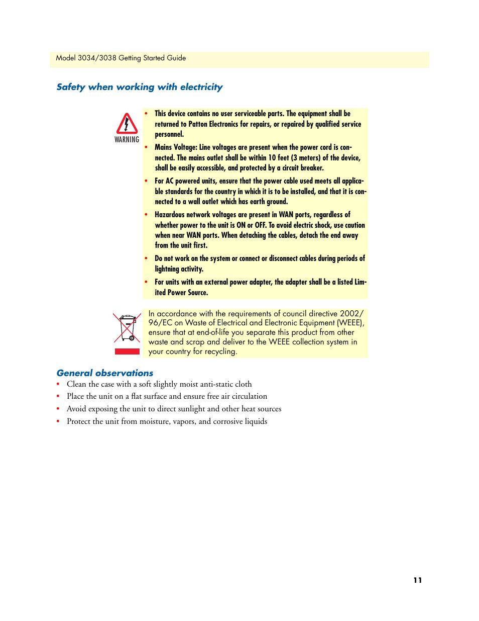 Safety when working with electricity, General observations | Patton electronic Multiport Asynchronous Statistical Multiplexer 3034/3038 User Manual | Page 11 / 58