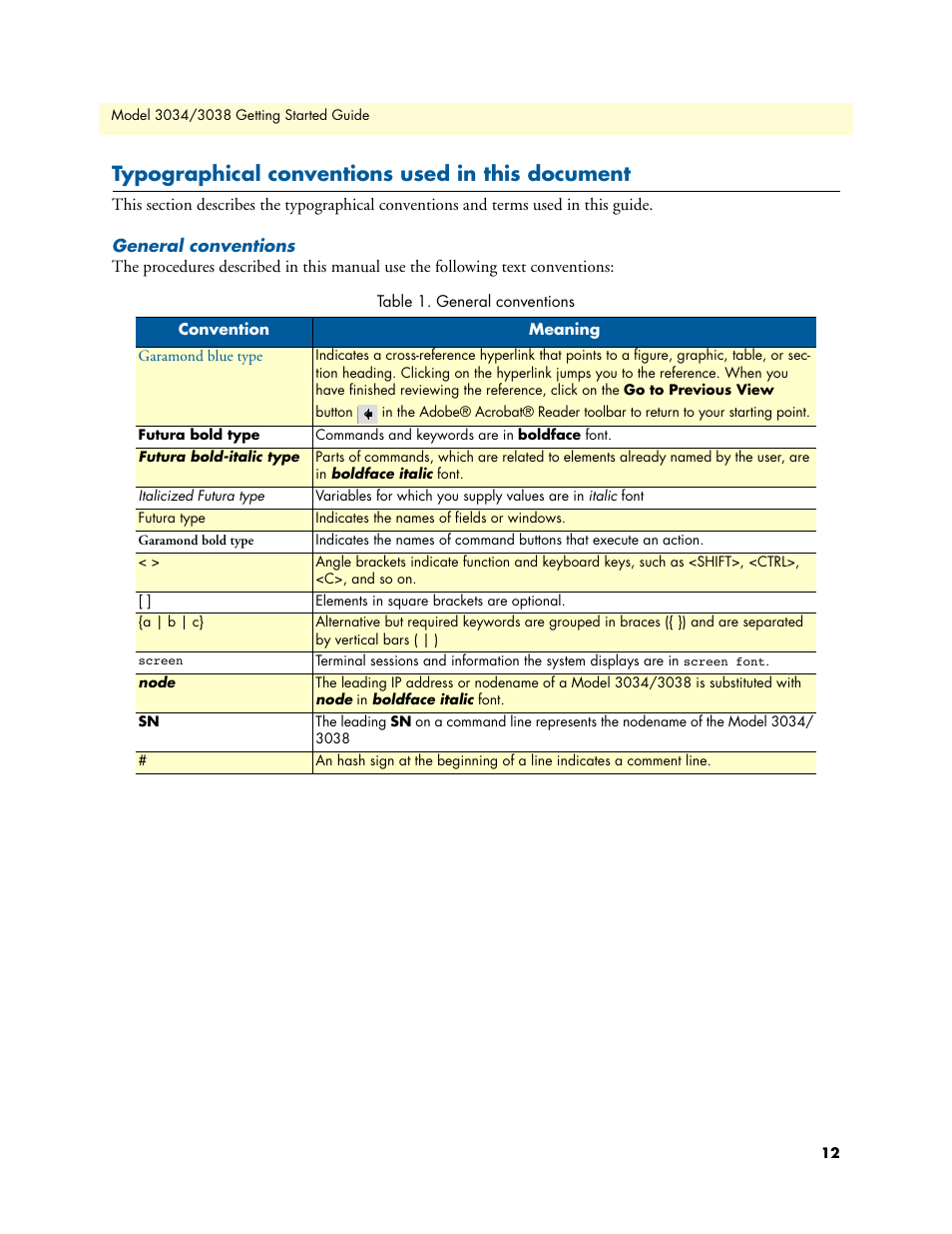 Typographical conventions used in this document, General conventions | Patton electronic Multiport Asynchronous Statistical Multiplexer 3034/3038 User Manual | Page 12 / 58