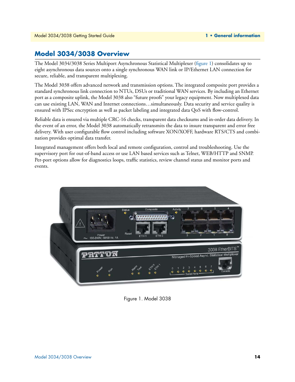 Model 3034/3038 overview, Model 3038 | Patton electronic Multiport Asynchronous Statistical Multiplexer 3034/3038 User Manual | Page 14 / 58