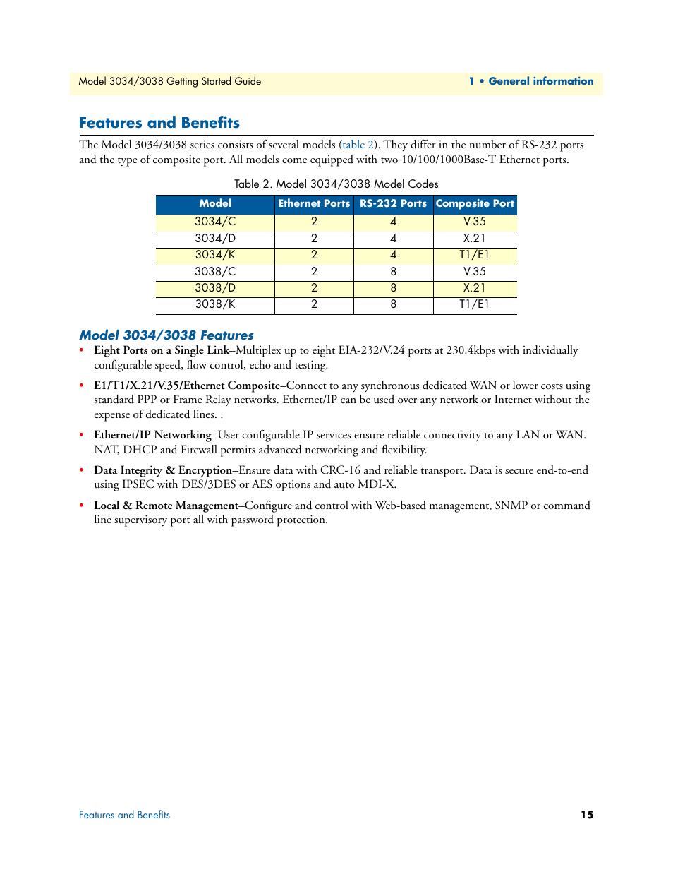 Features and benefits, Model 3034/3038 features, Model 3034/3038 model codes | Patton electronic Multiport Asynchronous Statistical Multiplexer 3034/3038 User Manual | Page 15 / 58