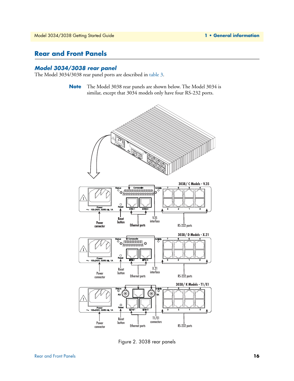 Rear and front panels, Model 3034/3038 rear panel, 3038 rear panels | Patton electronic Multiport Asynchronous Statistical Multiplexer 3034/3038 User Manual | Page 16 / 58