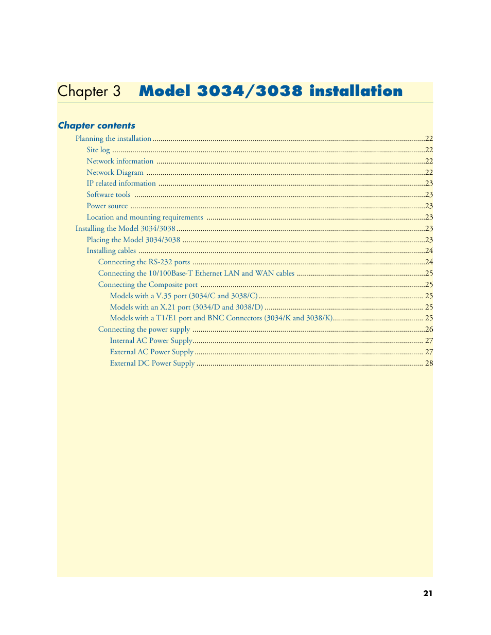 Chapter 3 model 3034/3038 installation, Model 3034/3038 installation, Chapter 3 | Patton electronic Multiport Asynchronous Statistical Multiplexer 3034/3038 User Manual | Page 21 / 58