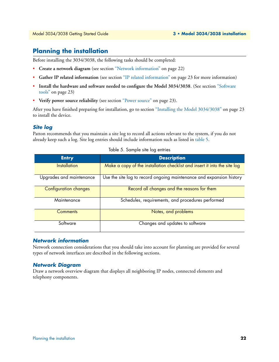 Planning the installation, Site log, Network information | Network diagram, Sample site log entries | Patton electronic Multiport Asynchronous Statistical Multiplexer 3034/3038 User Manual | Page 22 / 58