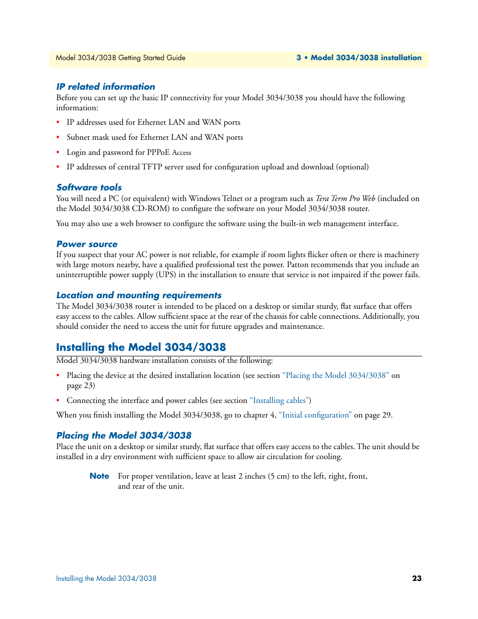 Ip related information, Software tools, Power source | Location and mounting requirements, Installing the model 3034/3038, Placing the model 3034/3038, Ee section, Software, Tools | Patton electronic Multiport Asynchronous Statistical Multiplexer 3034/3038 User Manual | Page 23 / 58